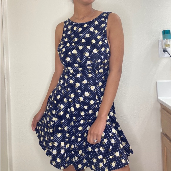 Polka Dot Floral Low Back Skater Dress - Picture 3 of 6
